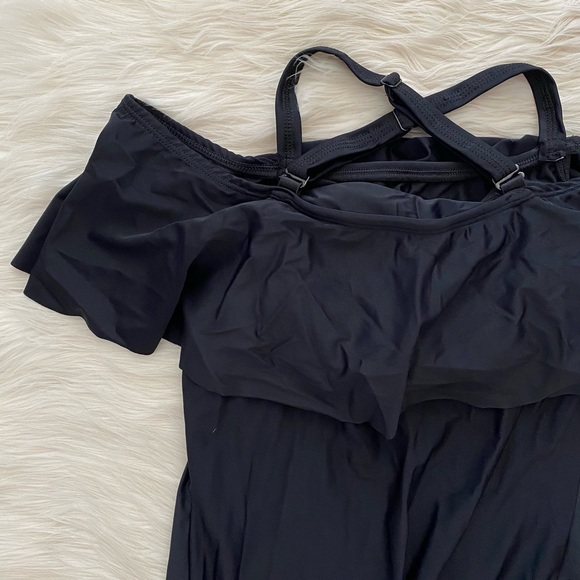 Mermaid Maternity Black Ruffle Cold Shoulder Drawstring Hem Tankini Swimsuit Top - Picture 9 of 11